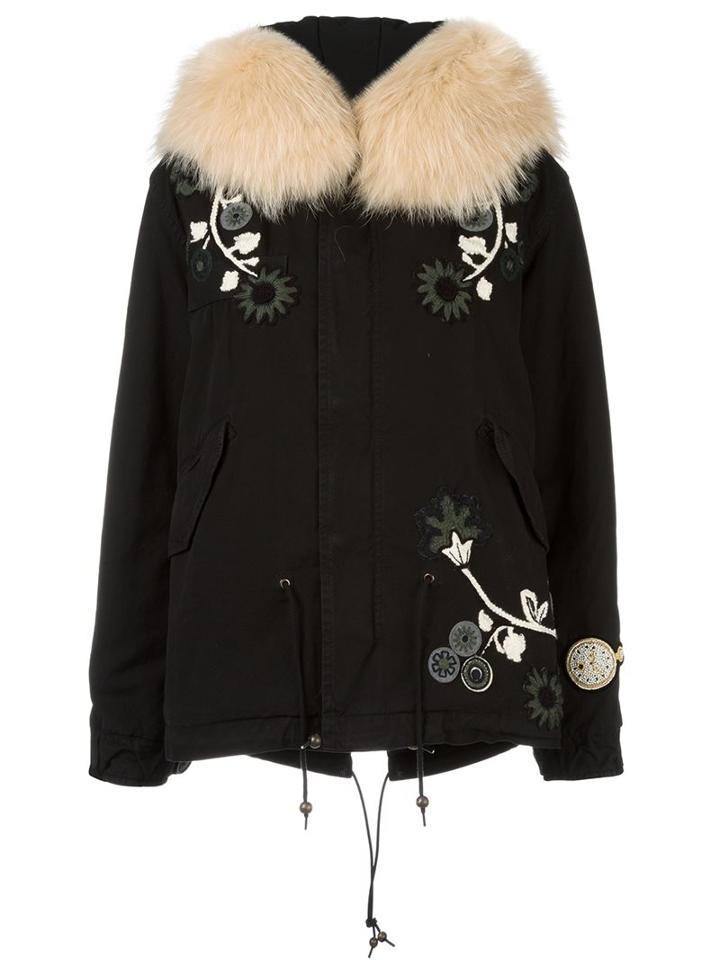 Mr & Mrs Italy Collar Detail Embroidered Jacket, Women's, Size: Medium, Black, Cotton/polyester/racoon Fur