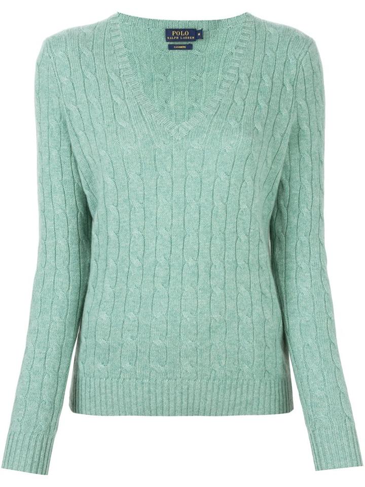 Polo Ralph Lauren Cable Knit V Neck Jumper, Women's, Size: Large, Green, Cashmere