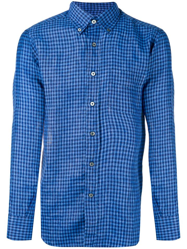 Canali Checked Shirt, Men's, Size: Large, Blue, Linen/flax