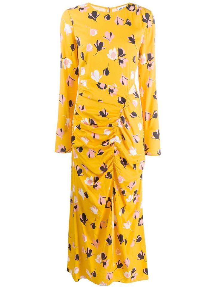 Self-portrait Printed Ruched Maxi Dress - Yellow