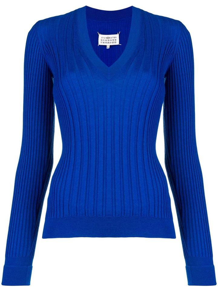 Maison Margiela V-neck Rib Knit Sweater - Blue