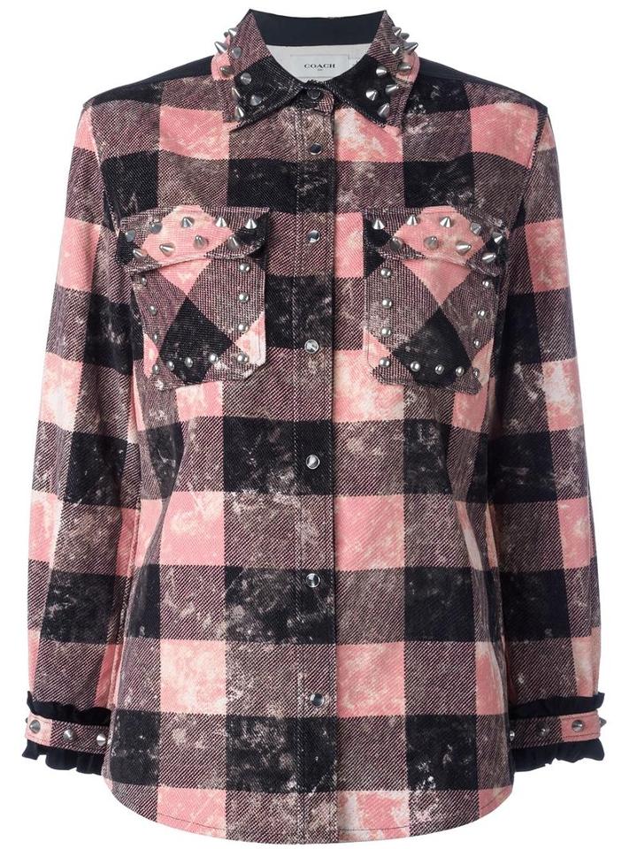 Coach Checked Studded Shirt Jacket, Women's, Size: 2, Black, Cotton/leather/viscose