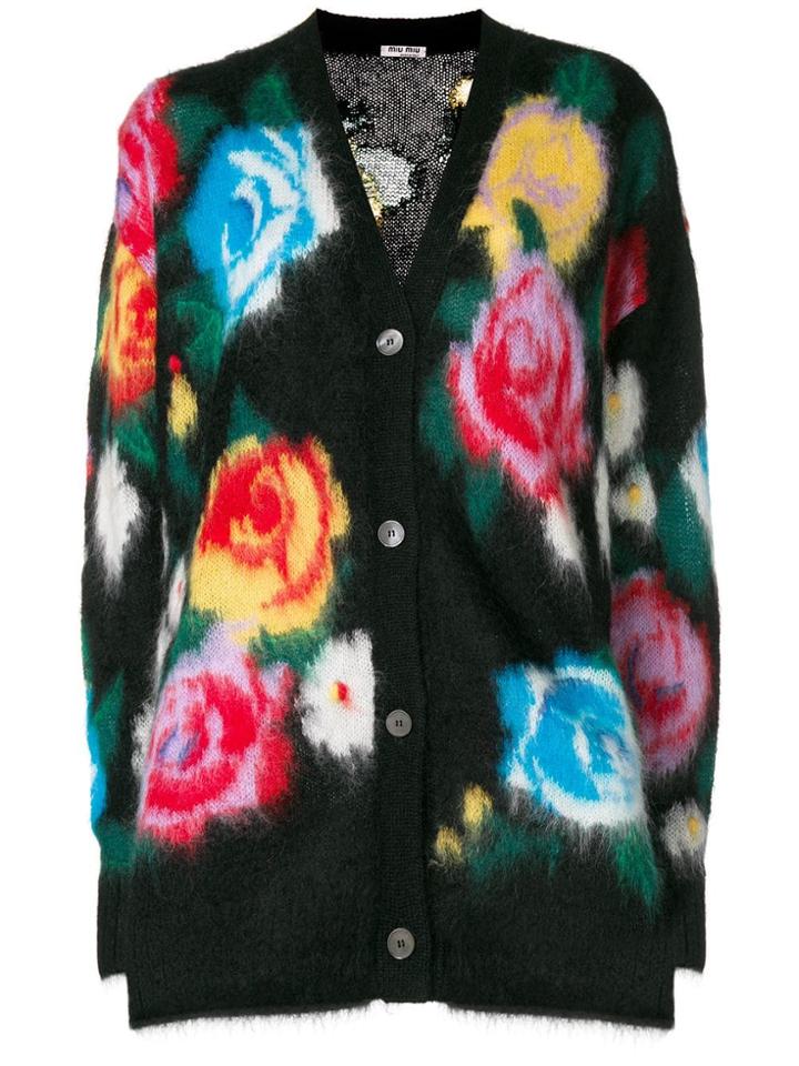 Miu Miu Rose Knit Longline Cardigan - Black