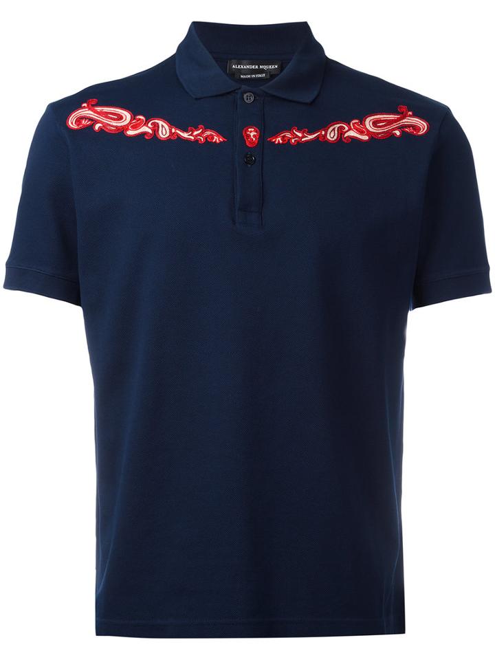 Alexander Mcqueen Paisley Panel Polo Shirt, Men's, Size: Xl, Blue, Cotton/viscose