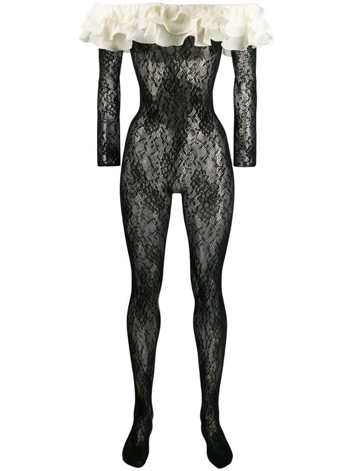 Alessandra Rich Ruffled Lace Bodysuit - Black