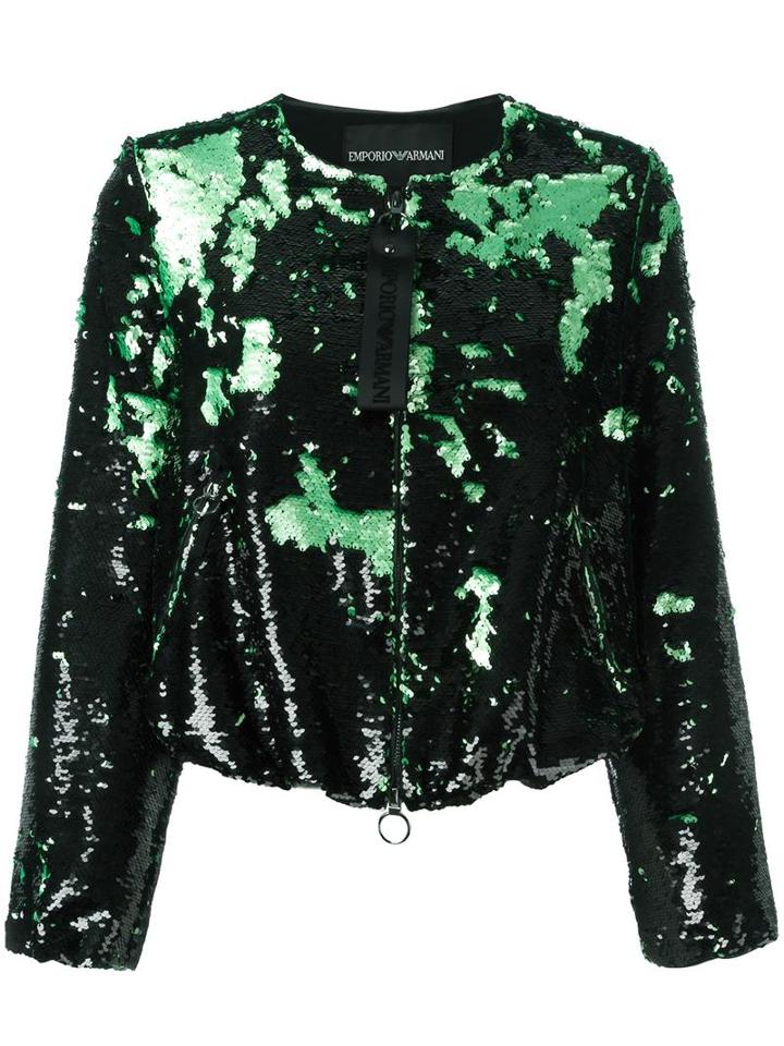 Emporio Armani Sequined Cropped Jacket, Women's, Size: 46, Black, Plastic/polyester/spandex/elastane