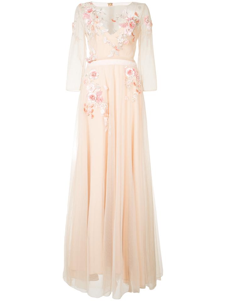 Marchesa Notte Floral Embroidered Long Dress - Nude & Neutrals