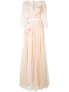 Marchesa Notte Floral Embroidered Long Dress - Nude & Neutrals