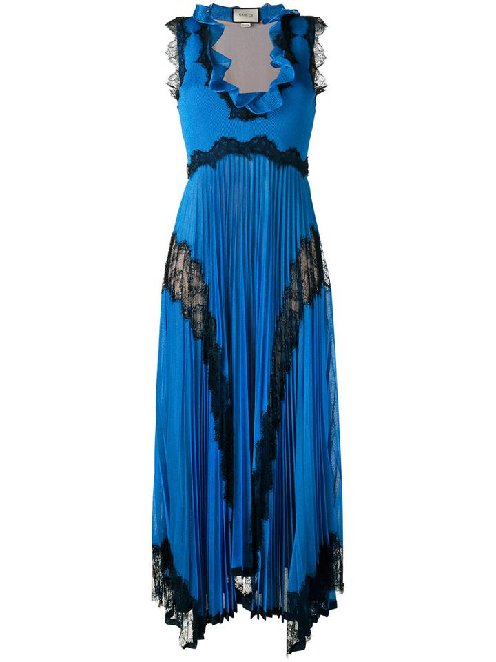 Gucci - Plissé Pleated Lace Insert Gown - Women - Silk/polyester/spandex/elastane/metallic Fibre - M, Blue, Silk/polyester/spandex/elastane/metallic Fibre