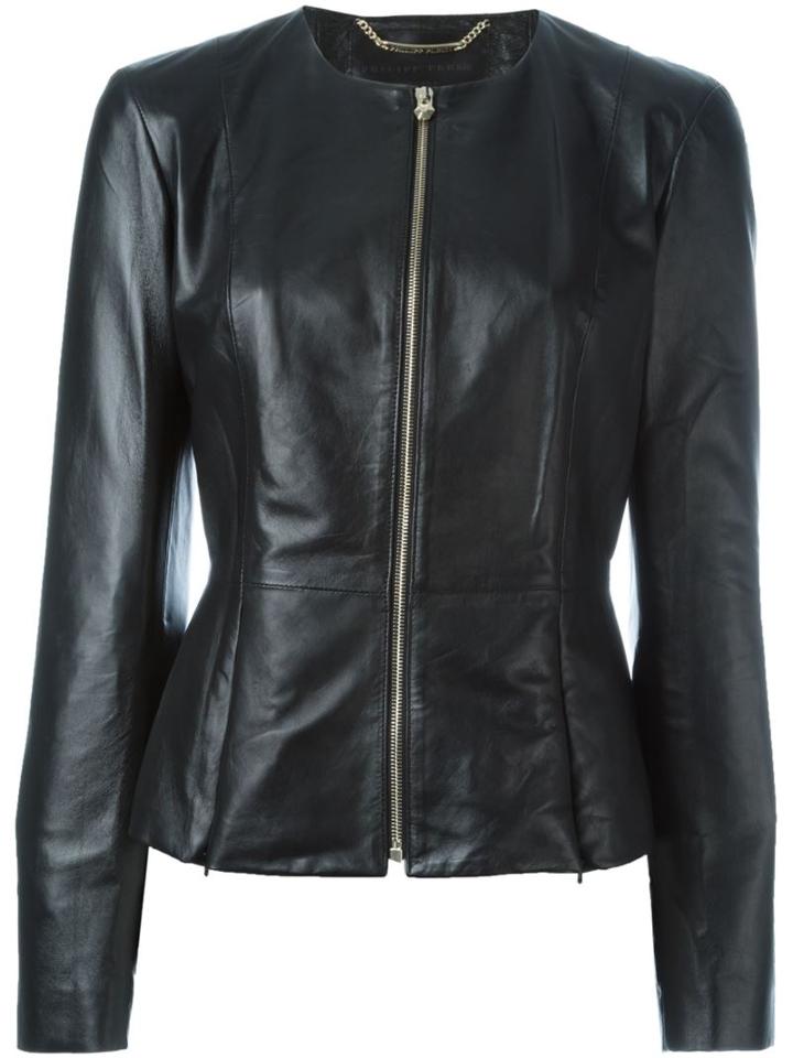 Philipp Plein Peplum Jacket, Women's, Size: Medium, Black, Lamb Skin/acetate/polyester/polyamide