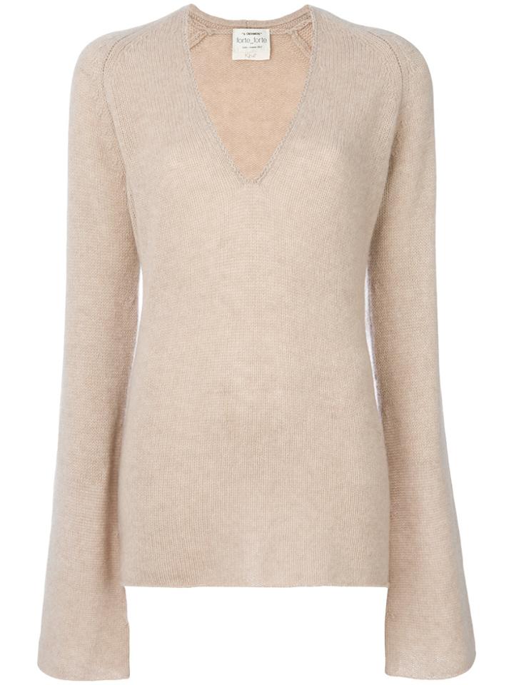 Forte Forte Plunge Neck Oversized Sleeve Sweater - Nude & Neutrals