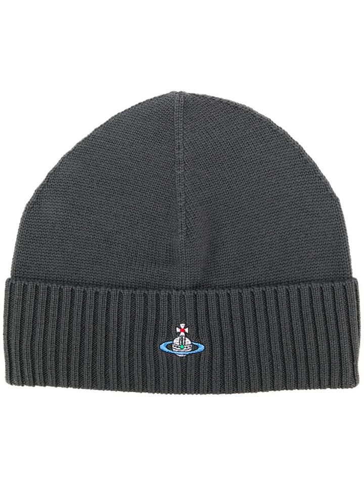 Vivienne Westwood Logo Embroidered Ribbed Beanie - Grey