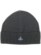 Vivienne Westwood Logo Embroidered Ribbed Beanie - Grey