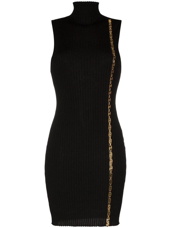 Versace Ribbed Gold Chain Sleeveless Mini Dress - Black