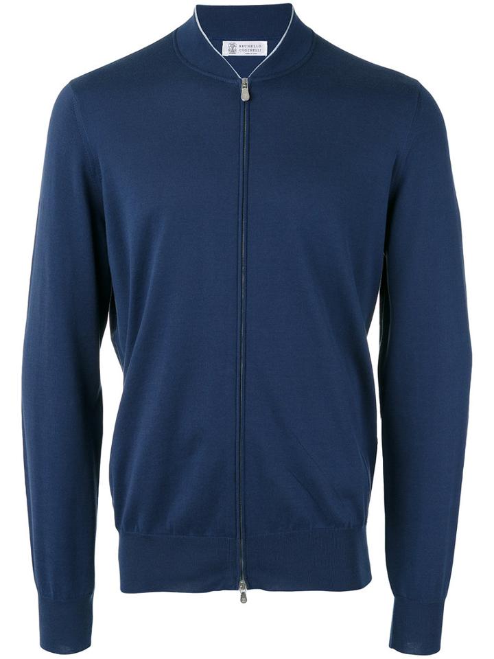 Brunello Cucinelli Bomber Style Zipped Cardigan, Men's, Size: 54, Blue, Cotton