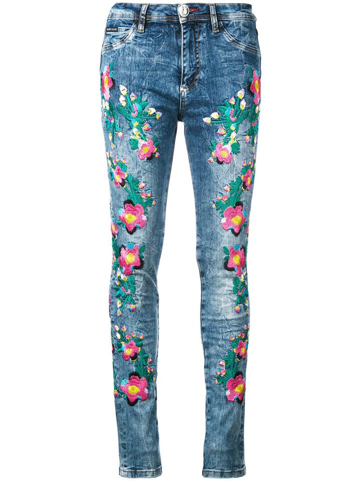 Philipp Plein Floral Embroidery Skinny Jeans, Women's, Size: 28, Blue, Cotton/spandex/elastane