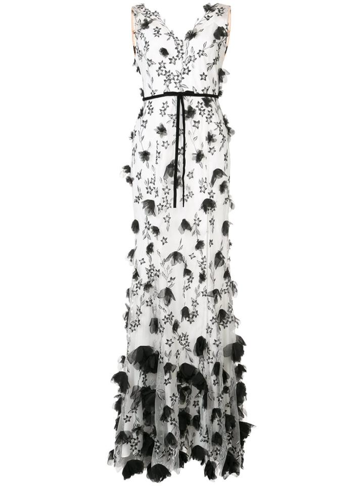 Marchesa Notte Floral Appliqué Evening Dress - White