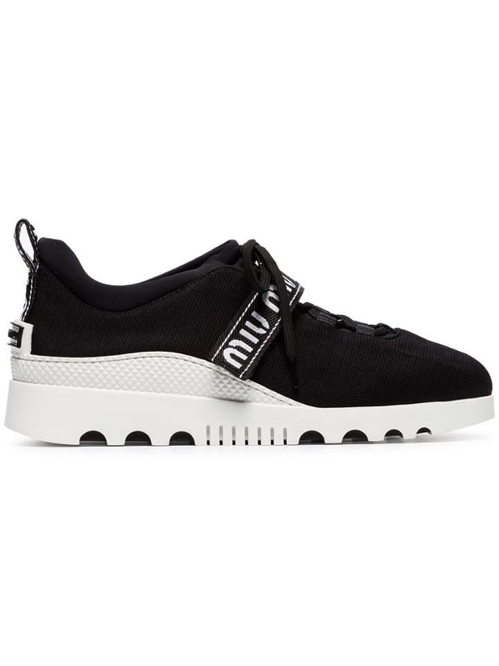 Miu Miu Black Low Top Lace Up Fabric Sneakers