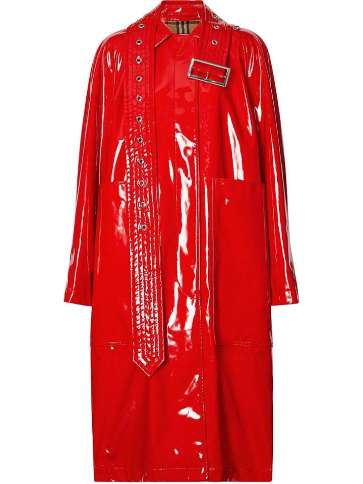 Burberry Belt Detail Laminated Car Coat - Red
