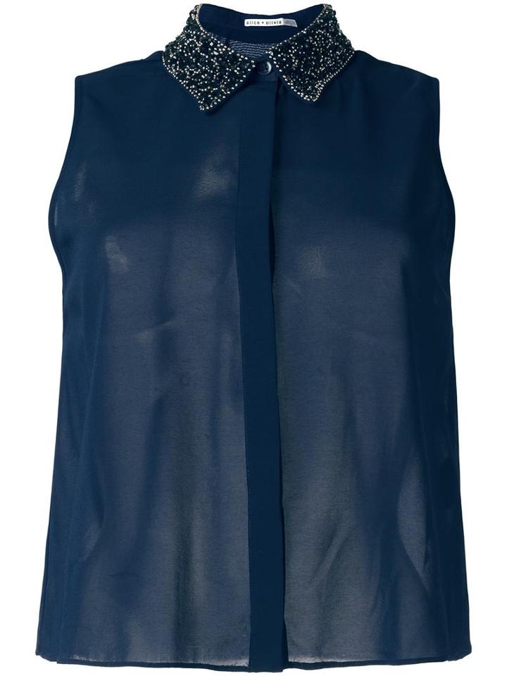 Alice+olivia Embellished Collar Shirt, Women's, Size: Xs, Blue, Silk/elastodiene/cotton