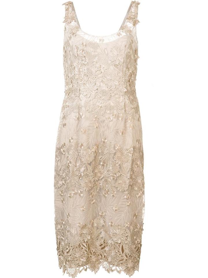Marchesa Notte Floral Applique Midi Dress, Women's, Size: 4, Nude/neutrals, Nylon