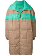 Ground Zero Striped Puffer Mid-length Coat - Brown