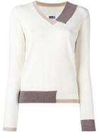 Mm6 Maison Margiela Colour Block V Neck Jumper, Women's, Size: Xs, White, Wool