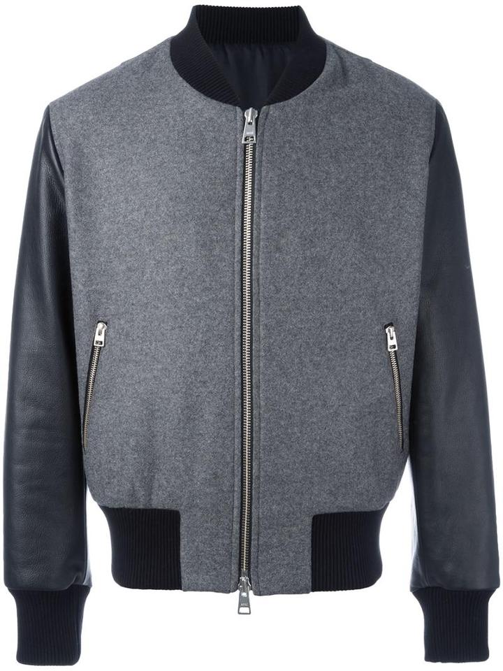 Ami Alexandre Mattiussi Bomber Jacket, Men's, Size: Medium, Grey, Wool/polyamide/calf Leather/spandex/elastane