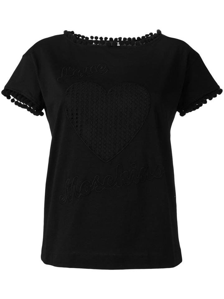 Love Moschino Pom Pom Trim Logo T-shirt, Women's, Size: 40, Black, Cotton