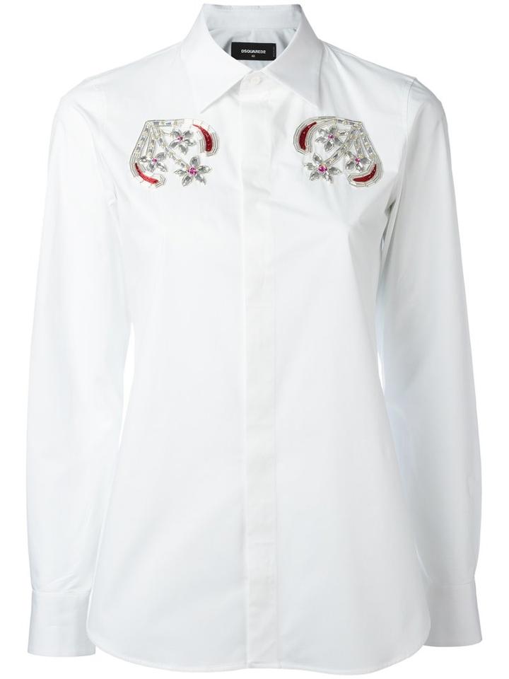 Dsquared2 Floral Beaded Shirt, Women's, Size: 44, White, Cotton/spandex/elastane