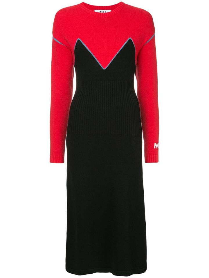 Msgm Contrast Long-sleeve Midi Dress - Black