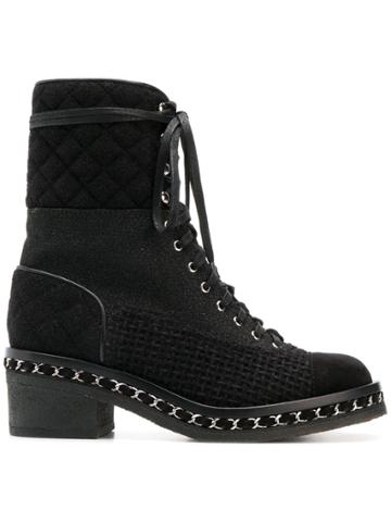 Chanel Vintage Quilted Lace-up Boots - Black