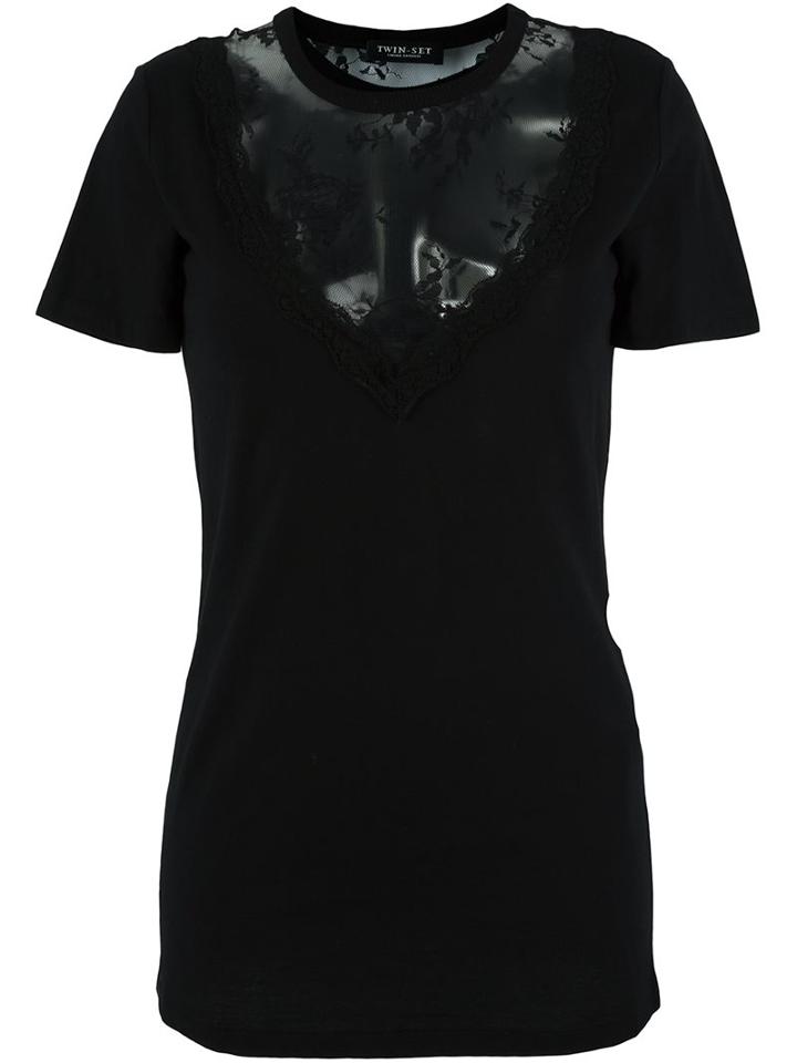 Twin-set Lace Panel T-shirt, Women's, Size: Small, Black, Cotton/polyamide