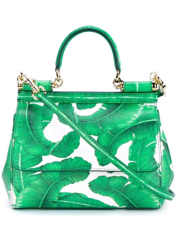 Dolce & Gabbana Leather Leaf Print Satchel, Women's, Green