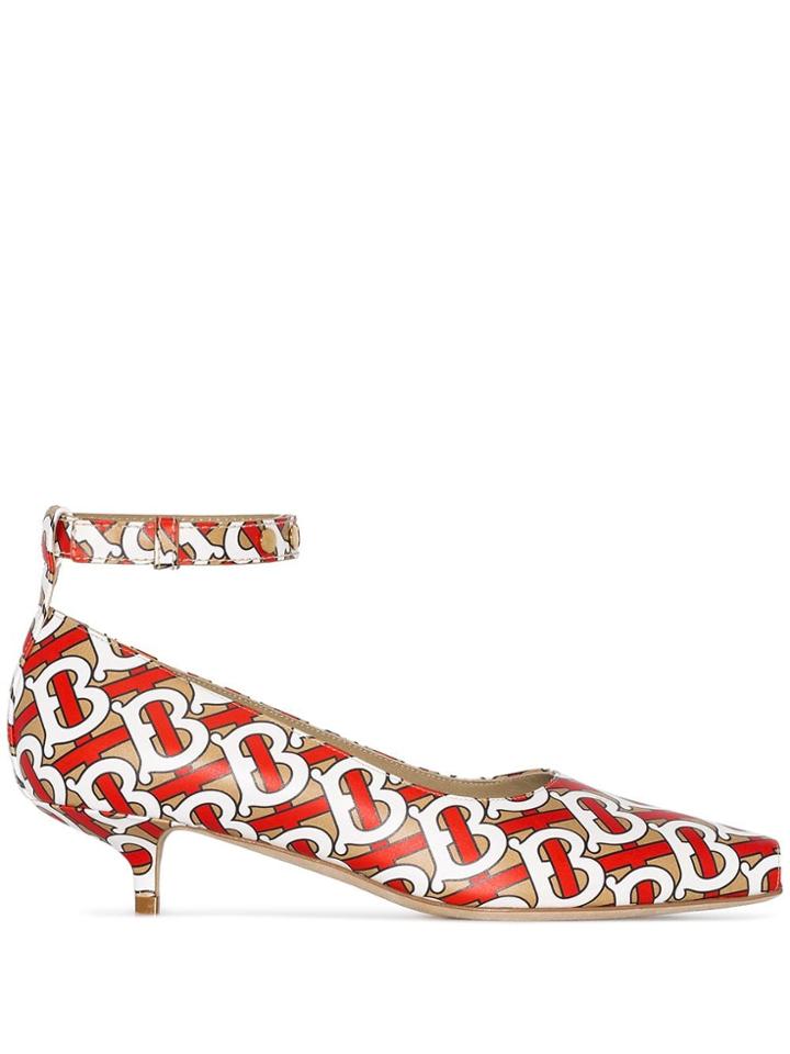 Burberry Monogram Print Leather Peep-toe Kitten-heel Pumps - Brown