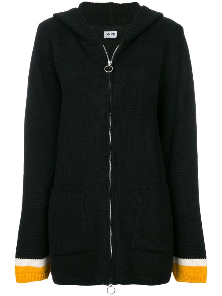 Akep Bird Patch Hooded Zip Cardigan - Black