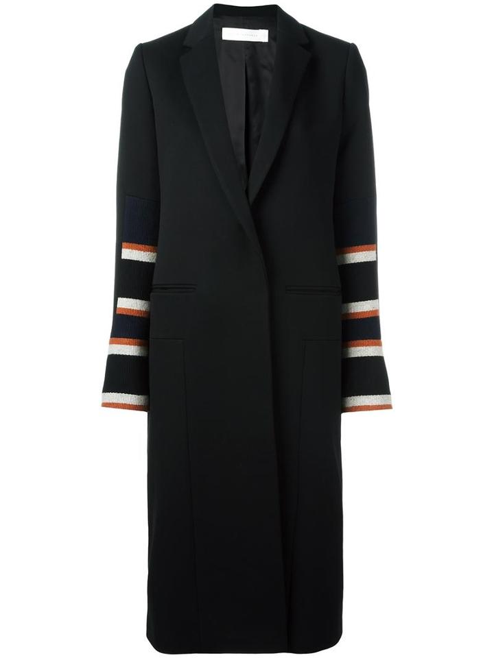 Victoria Beckham Striped Sleeve Coat, Women's, Size: 10, Black, Virgin Wool/wool/polyamide/cotton