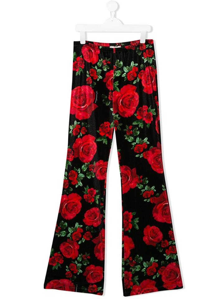 Monnalisa Rose-print Flared Trousers - Black