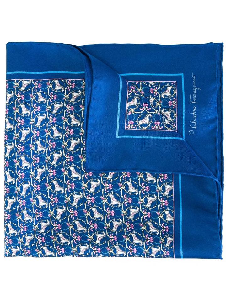Salvatore Ferragamo Horse Print Pocket Square, Men's, Blue, Silk