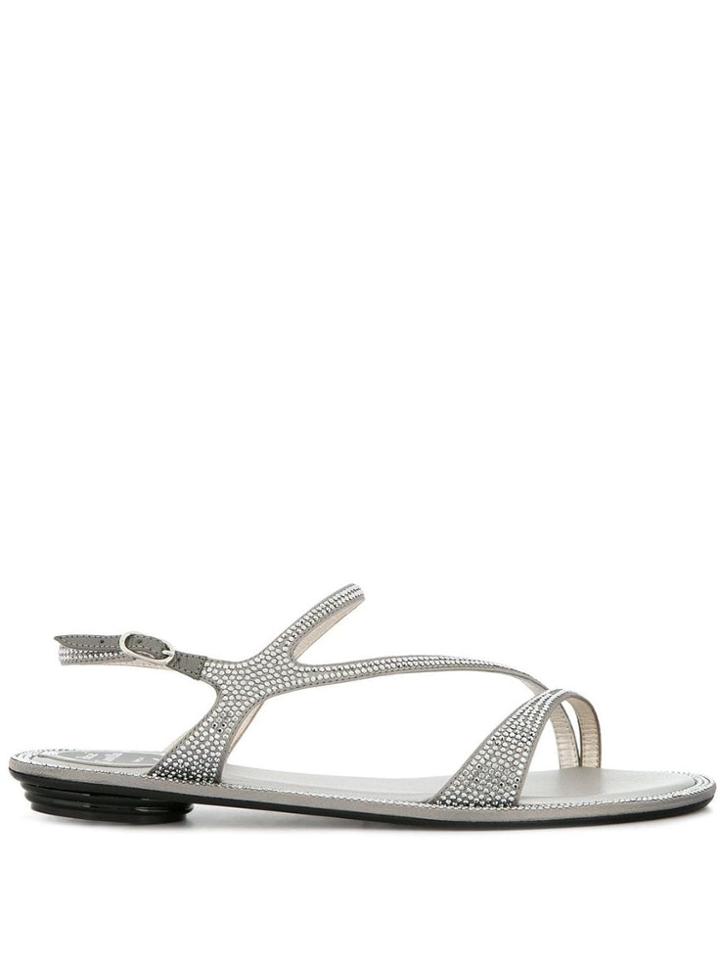 René Caovilla Crystal Embellished Slingback Sandals - Metallic