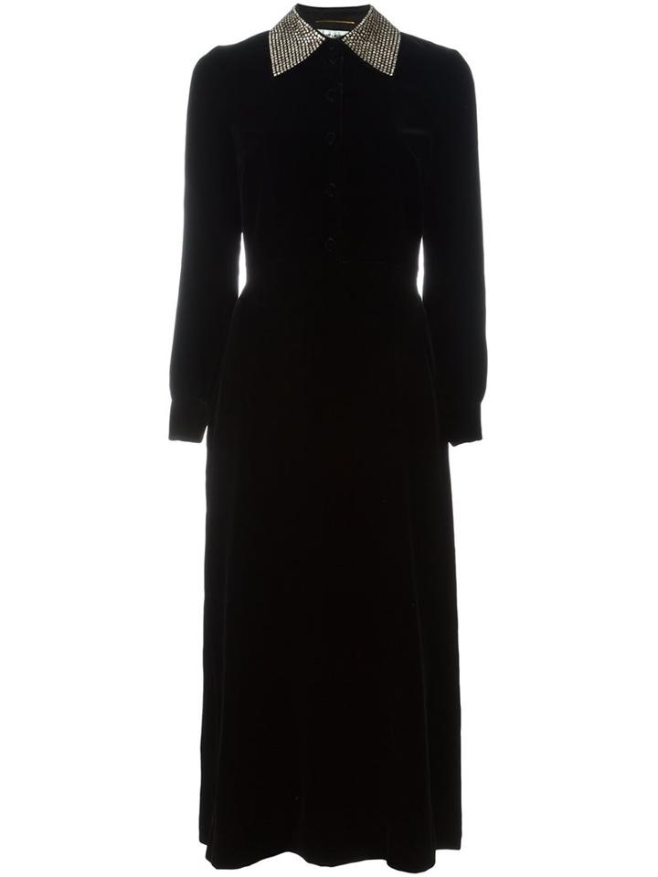 Saint Laurent Studded Collar Velvet Dress, Women's, Size: 38, Black, Viscose/cupro/silk