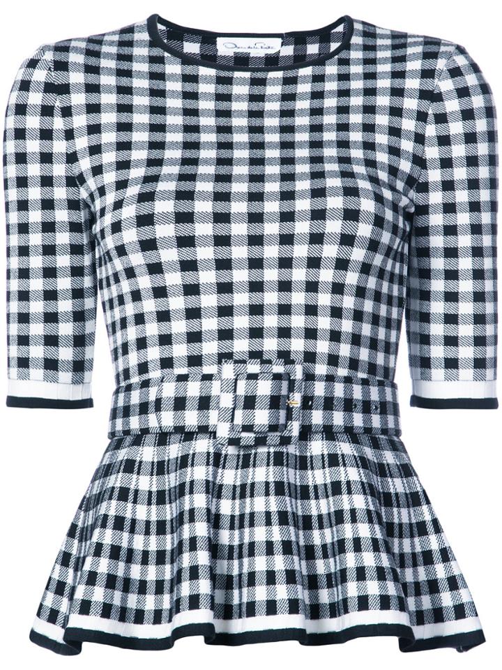 Oscar De La Renta Gingham Belted Peplum Top - Black