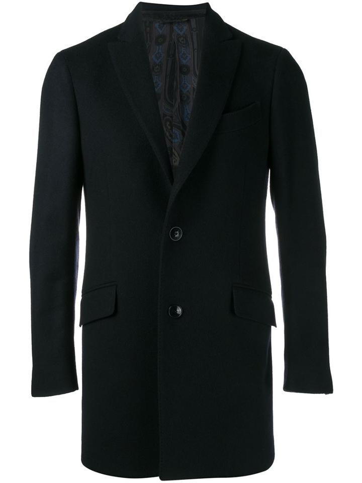 Etro Cashmere Single Breasted Coat, Men's, Size: 50, Blue, Silk/acetate/viscose/cashmere