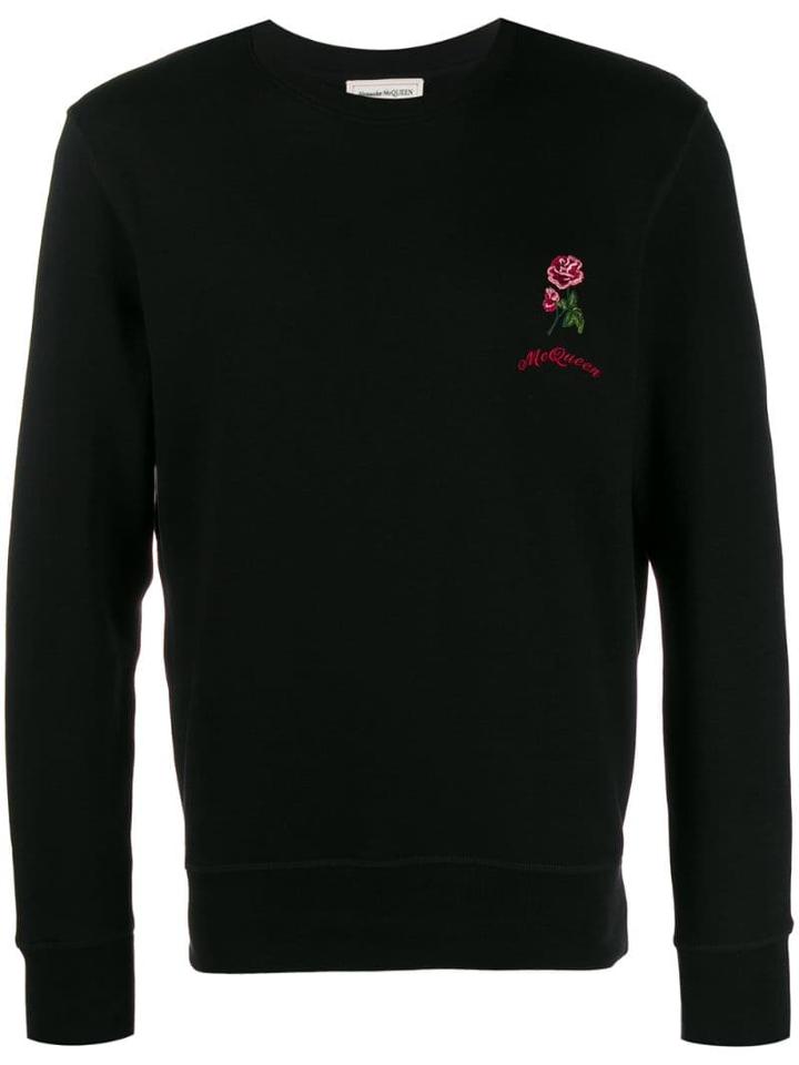 Alexander Mcqueen Embroidered Rose Crew Neck Sweater - Black