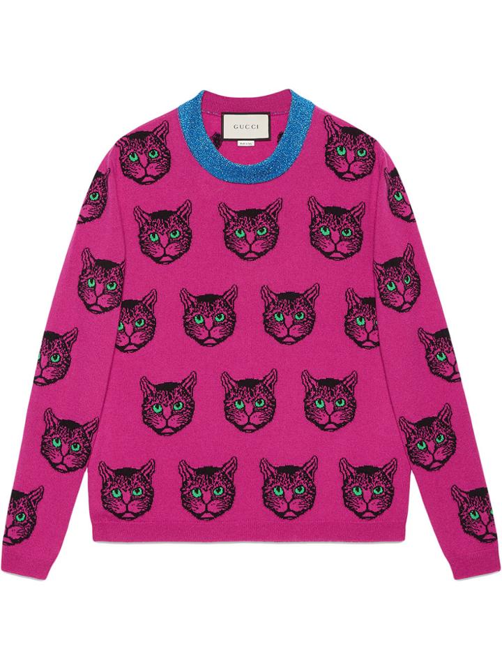 Gucci Mystic Cat Wool Cashmere Knit Sweater - Pink & Purple