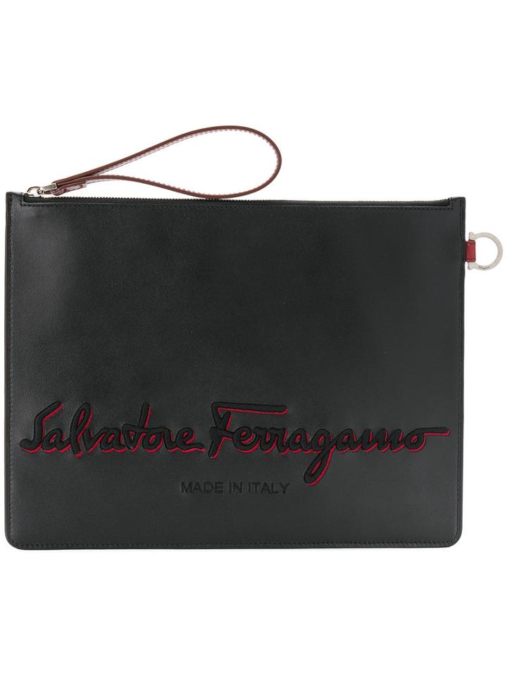 Salvatore Ferragamo - Logo Embroidered Clutch Bag - Women - Calf Leather - One Size, Black, Calf Leather