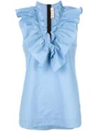 Marni Ruffle Neck Top, Women's, Size: 42, Blue, Cotton
