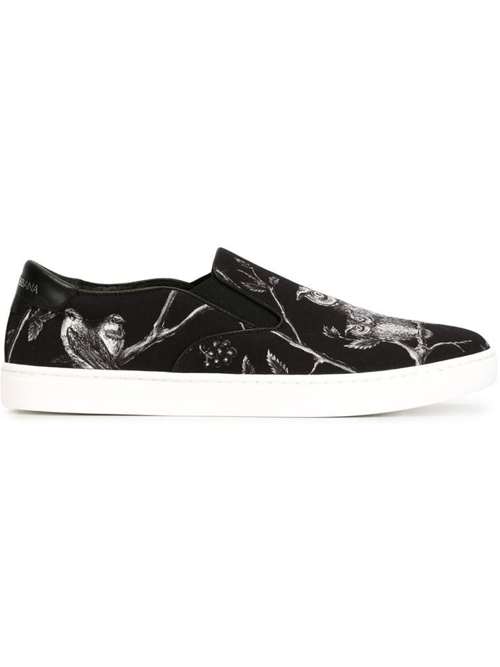 Dolce & Gabbana Owl Print Slip-on Sneakers, Men's, Size: 41, Black, Rubber/cotton/leather