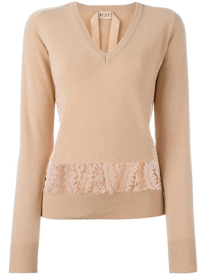 No21 Lace Insert V-neck Jumper, Women's, Size: 46, Pink/purple, Virgin Wool/cotton/viscose/polyamide