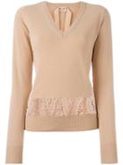 No21 Lace Insert V-neck Jumper, Women's, Size: 46, Pink/purple, Virgin Wool/cotton/viscose/polyamide